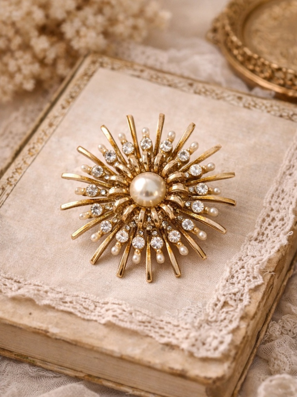 Vintage Sunburst Brooch Gold Tone Pearl Rhinestone Statement Pin 2.5”